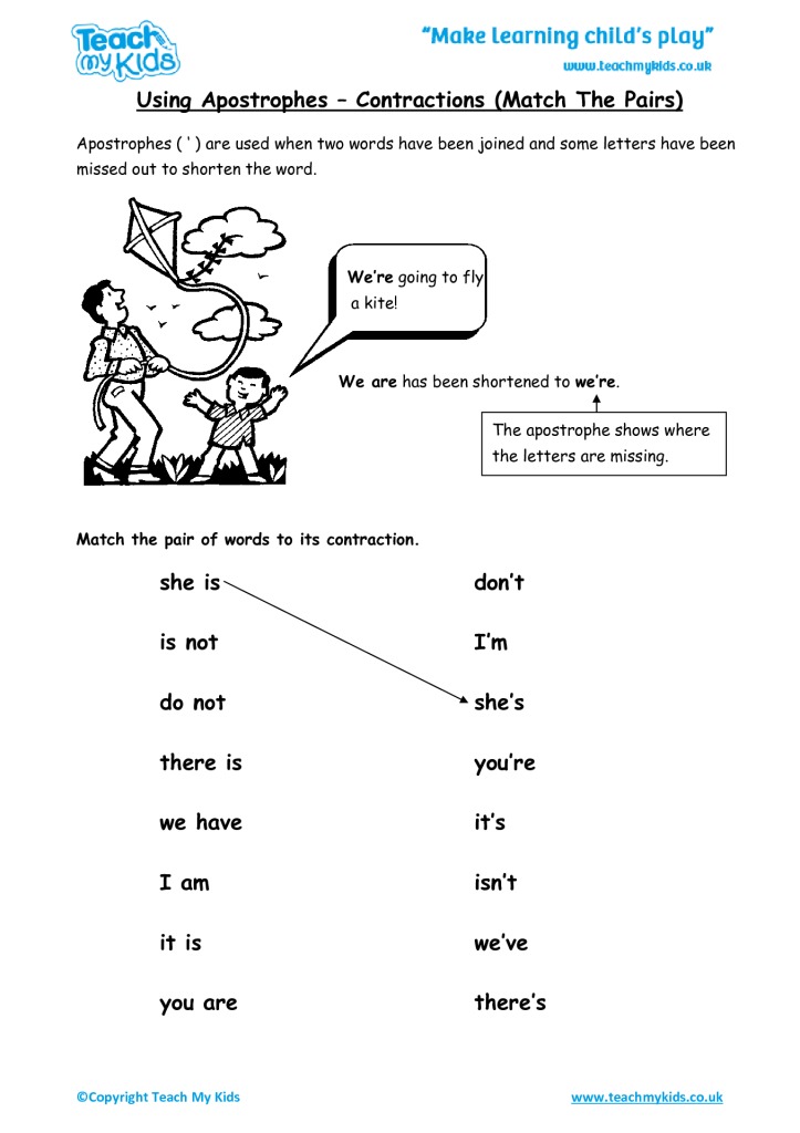 Matching Contractions Worksheet - Worksheets For Kindergarten